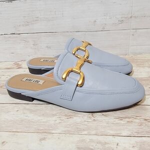 Anthropologie Pale Blue Leather Slip-On Mules with Gold Buckle